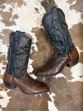 Tony Lama Two-Tone Brown Foot Black Shaft Western Cowboy Boots